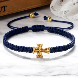Handmade Braided Bracelet Fashion Alloy Jesus Cross Charm Lucky Blue Rope Adjustable Girl Wishing Women Men Couple Jewelry Gifts