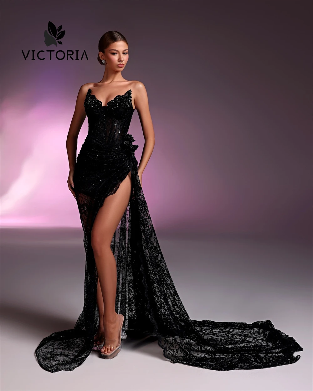 Mysterious Sweetheart Black Lace Evening Dresses High Split Beaded Rhinestones Mermaid Dubai Cocktail Party Gowns Customized