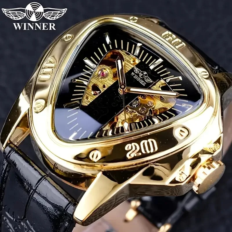 Triangular Gold Skeleton Men's Watch, Mechanical Watch with Hollow Carving, Sporty Style, Comfortable Strap, Casual Watch, Ideal Gift for Men, No Battery Needed