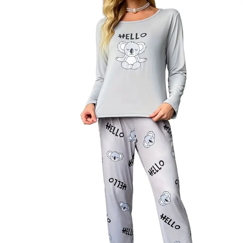 

Women Autumn Winter Koala Printed Pajama Set Button Cardigan Outfits for Female 2 Piece Set Fashion Printing Set Clothes