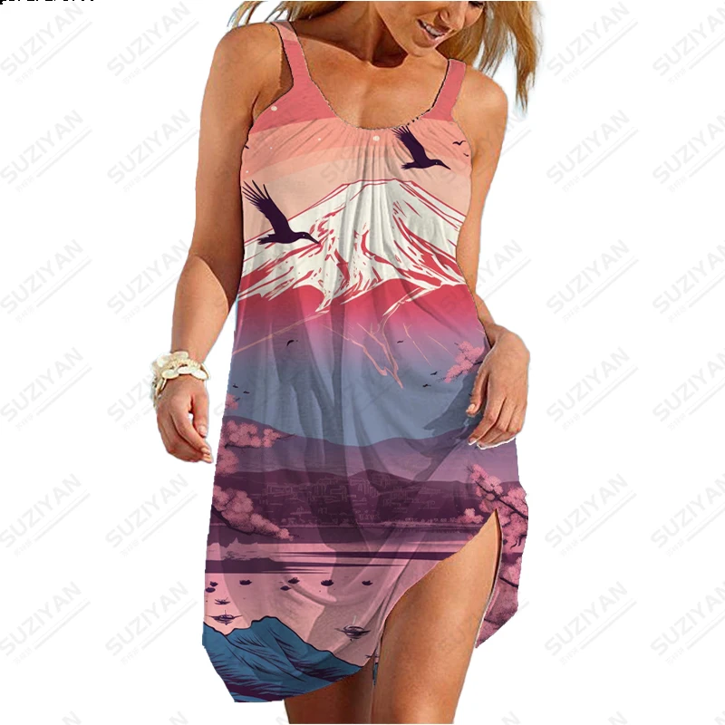 Female New Dress Japanese Style Snow Mountain Print Dress Summer Comfortable Breathable Dress Casual Sleeveless Dress