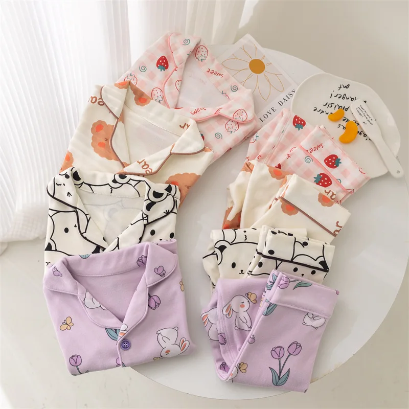 Childrens Girls Homewears Flip Collar Cartoon Stylish Korean Long Sleeved Cardigan Pure Cotton Pants Suit Kids Girls Pajamas