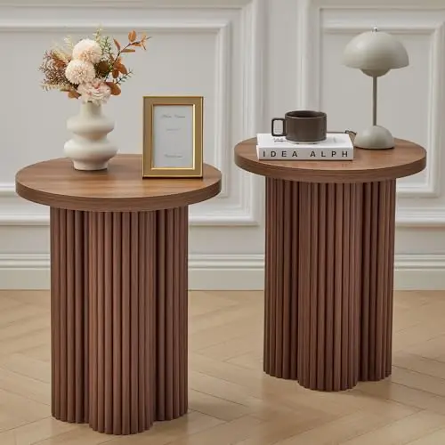 Small Sofa Side Table Set of 2, Fluted Accent Pedestal End Table, Wood Round Night Stand, Farmhouse Bed Side Table