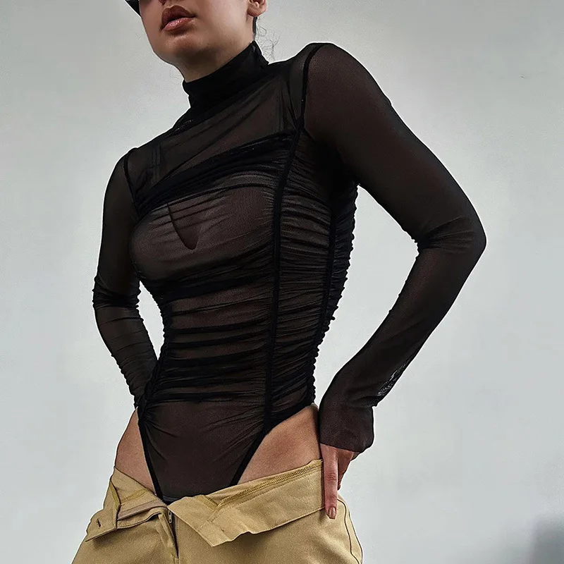 Autumn 2023 Long Sleeve Mesh Slim Bodysuit for Women See Through Black Brown Grey Bodysuits