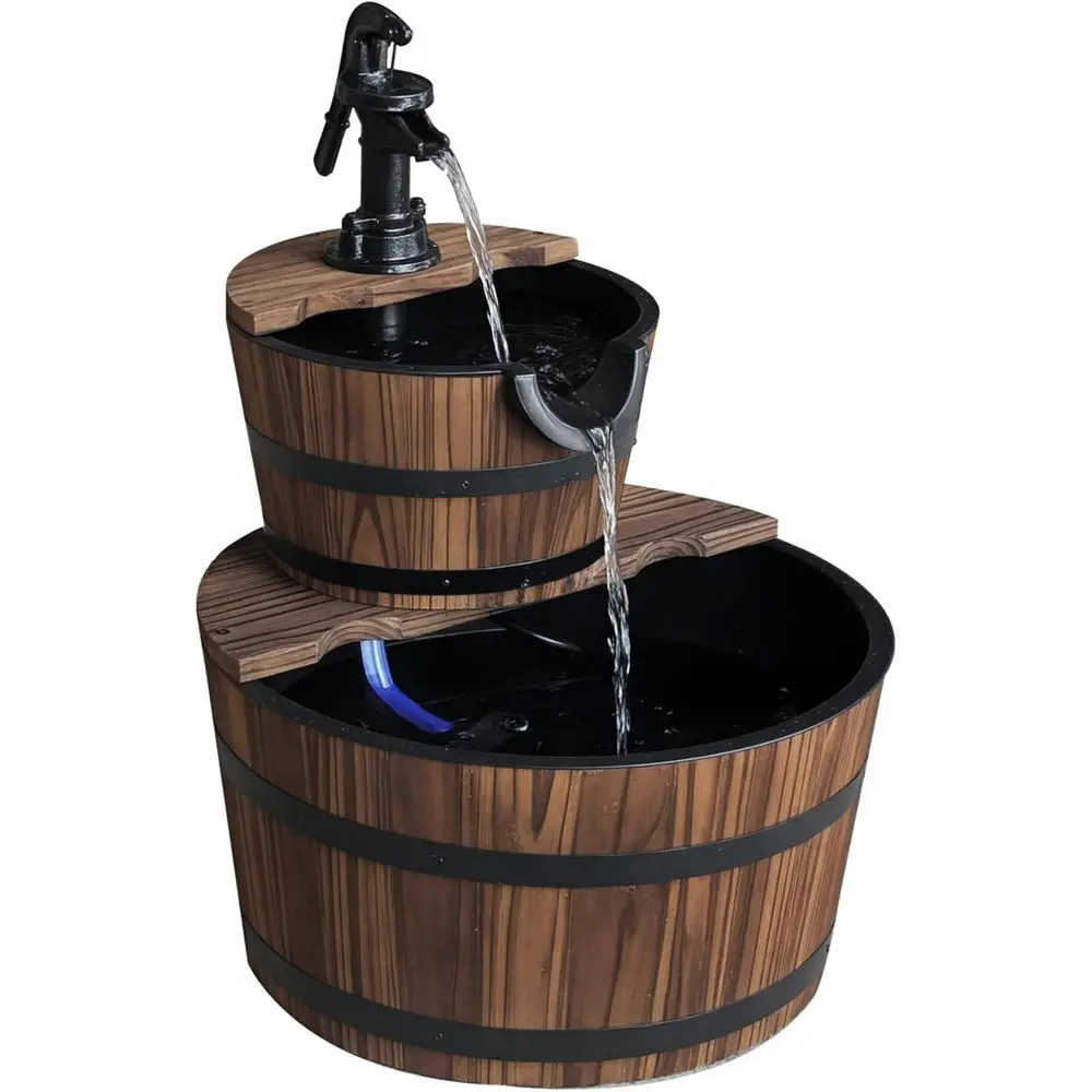 

Two-Tier Wooden Waterfall Barrel with Electric Pump for Garden and Backyard Decor
