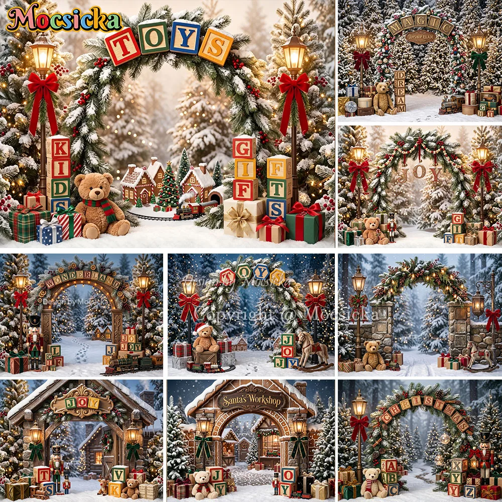 Mocsicka Christmas Santa Workshop Archway Backdrop Photography Snow Pine Bear Gift Background Winter Newborn Kids Family Photo