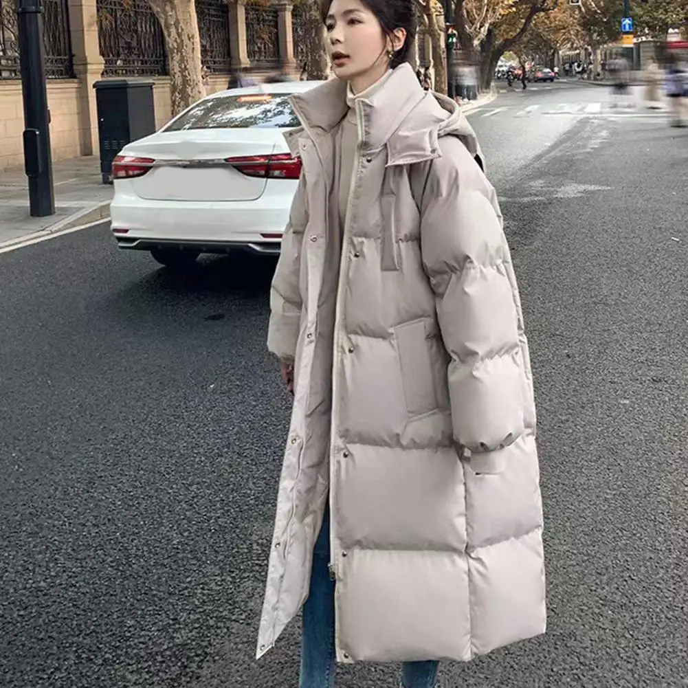 Winter Down Coat Zipper Solid Color Midi Length Cardigan Hooded Parkas Thicken Keep Warm Padded Stand Collar Women Coat