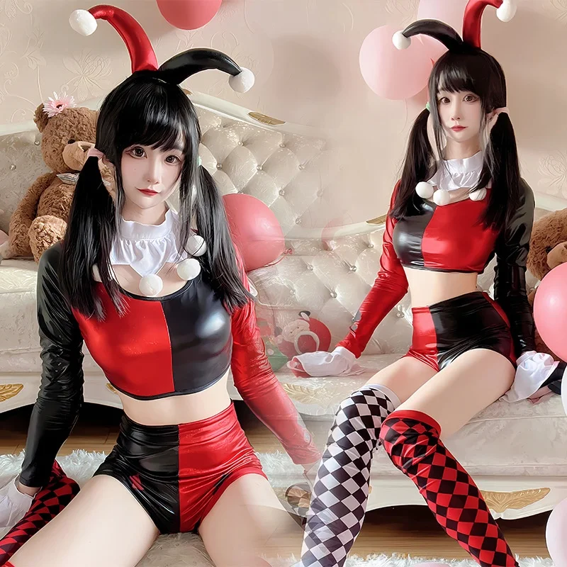 Sexy strakke Halloween-podiumclownkostuum Rood Bla Rolplang Outfit Grappig clownpak Etnisch toneelkostuum voor dames