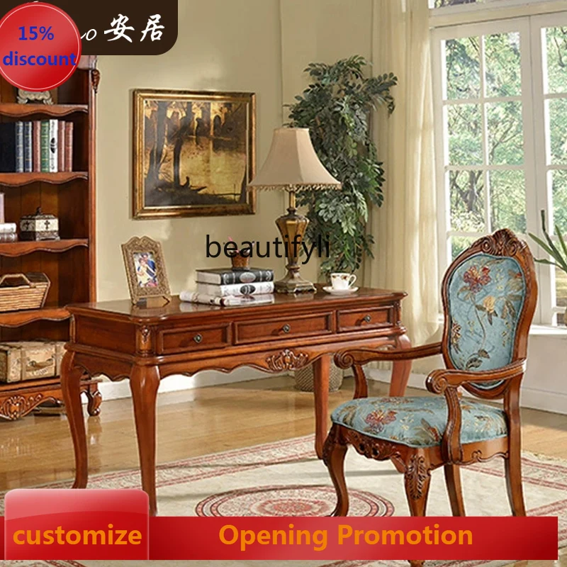 

American Solid Wood Study Computer Desk Writing Desk European Antique Style Desk and Chair Set G1218