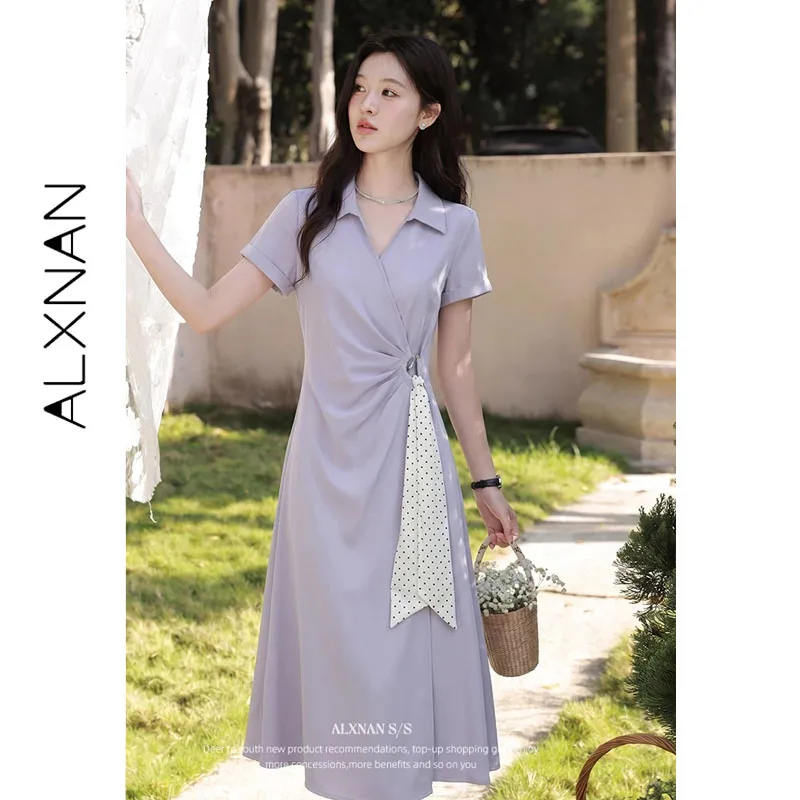 ALXNAN Women's Shirt Collar Dress Elegant Twist Ruched Waist Design Long Dress Office Casual Includes Polka Dot Scarf DYL661910