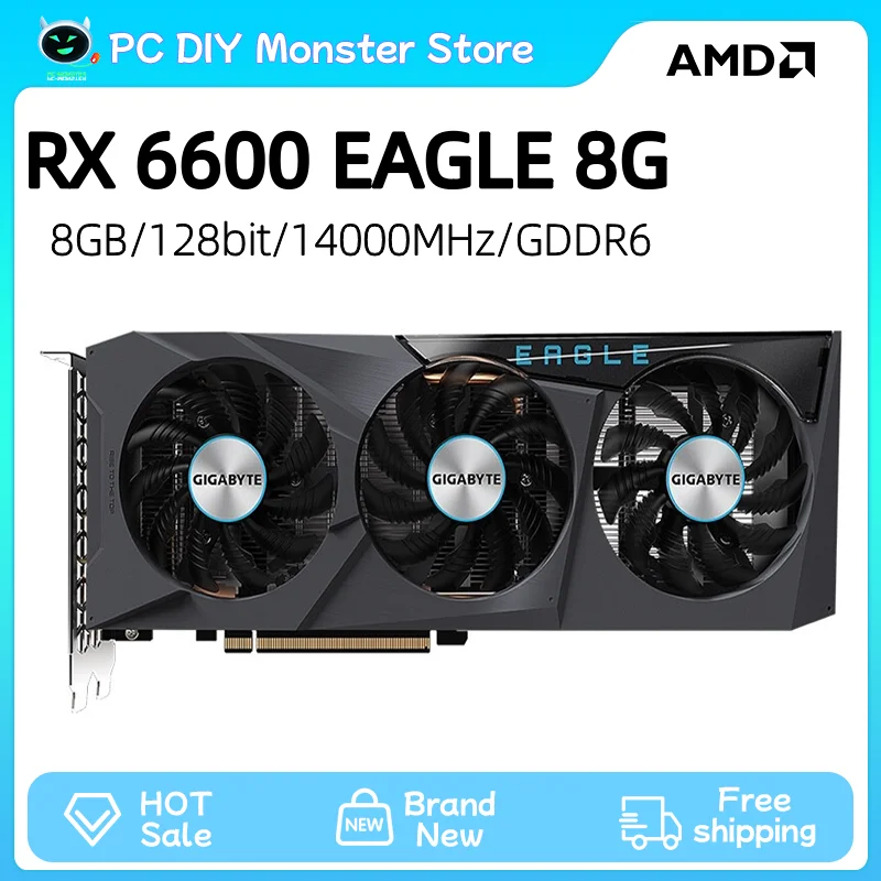 기가바이트 라데온 RX 6600 EAGLE 8G RX6600 비디오 카드, GDDR6 14000MHz 128 비트 8GB 그래픽 카드, AMD RX 6000 시리즈 데스크탑 3 선풍기 