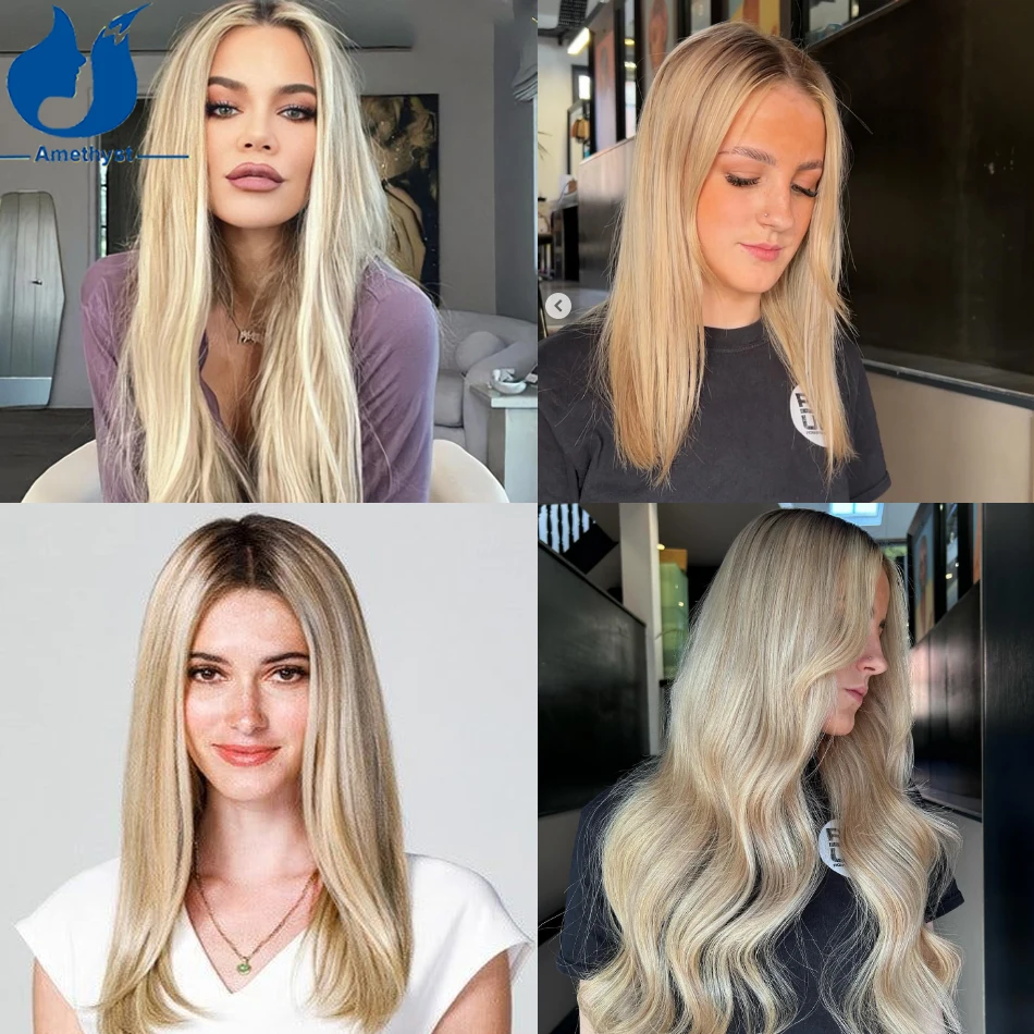 Amatista recta Ombre mujer Base de seda pelo Topper Clip en cabello Remy europeo resaltar postizos rubios cabello humano virgen