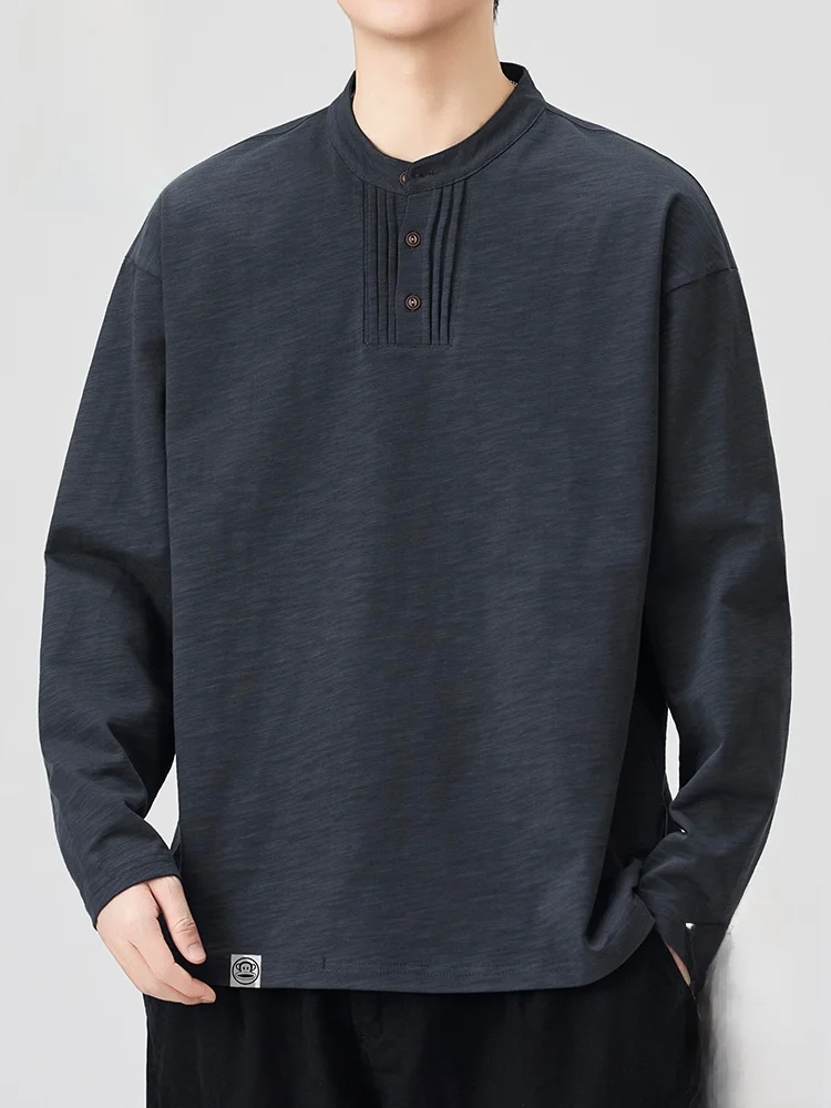 

Мужская свободная повседневная футболка из чистого хлопка с длинным рукавом и воротником хенли, осенняя, модная, удобная, мягкая, базовая