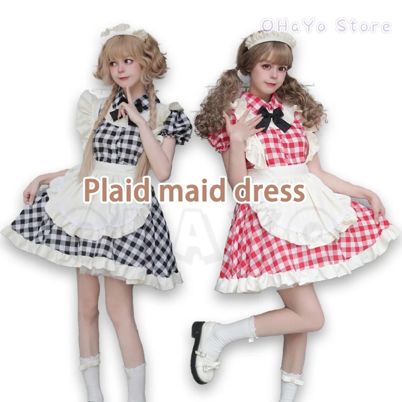 

British Maid Uniform Short Plaid Dress Anime Lolita Cosplay Costume Plus Size Kawaii Gothic Maid Cafe Outfit