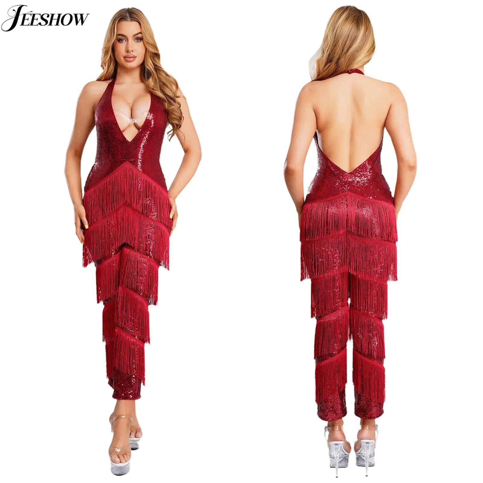 

Women Tiered Tassel Jumpsuit Jazz Latin Tango Samba Dance Costume Sparkly Sequin Halter Deep V Neck Backless Sleeveless Rompers