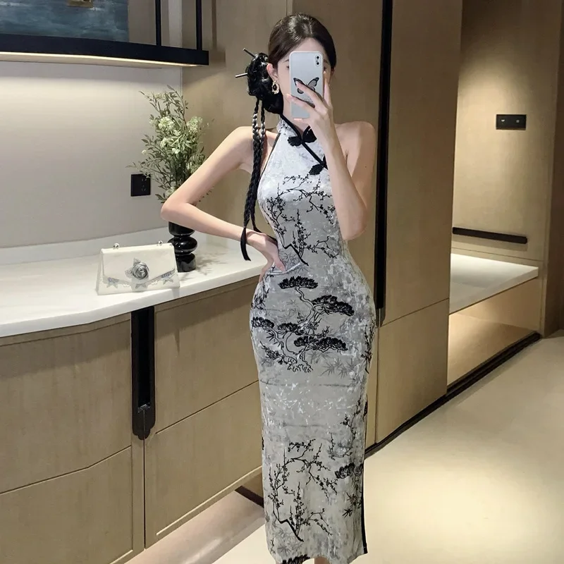 

Лето 2025 г., новый стиль, новая китайская улучшенная юбка Cheongsam с подвесным вырезом, новая винтажная длинная юбка, облегающее платье на талии