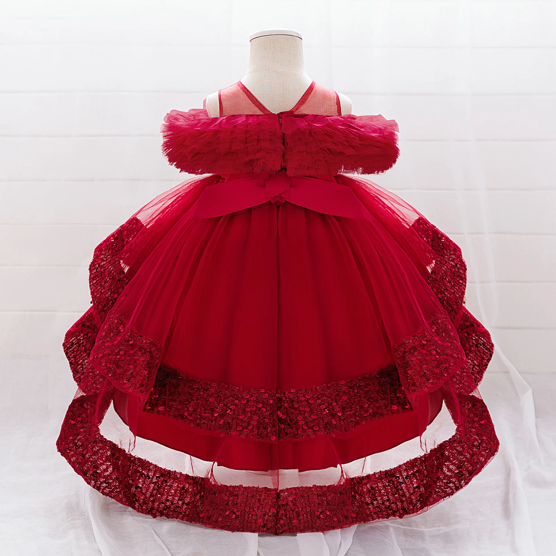 Elegant Sequin Party Baby Girl Dress Toddler Lace 1st Birthday Tailing Princess Prom Gown Wedding Bridesmaid Kid Evening Dresses