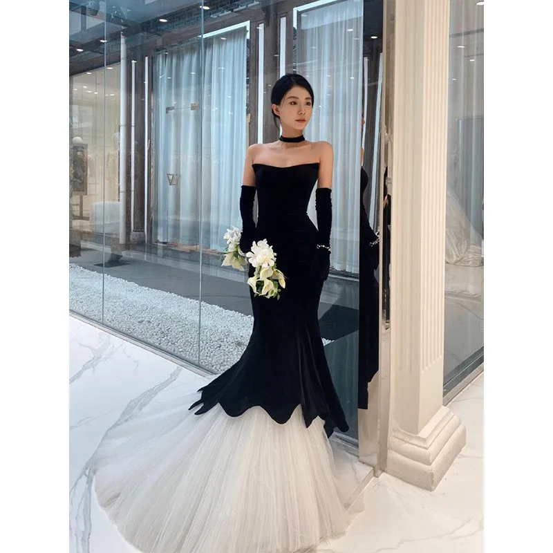 Vestido de cola de pez para banquete de terciopelo vintage tostado