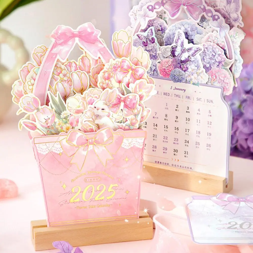 2025 Bloomy Flowers Calendar Desk Calendar With Wooden Base Standing Monthly Calendar Year For Home School Desktop Decorations