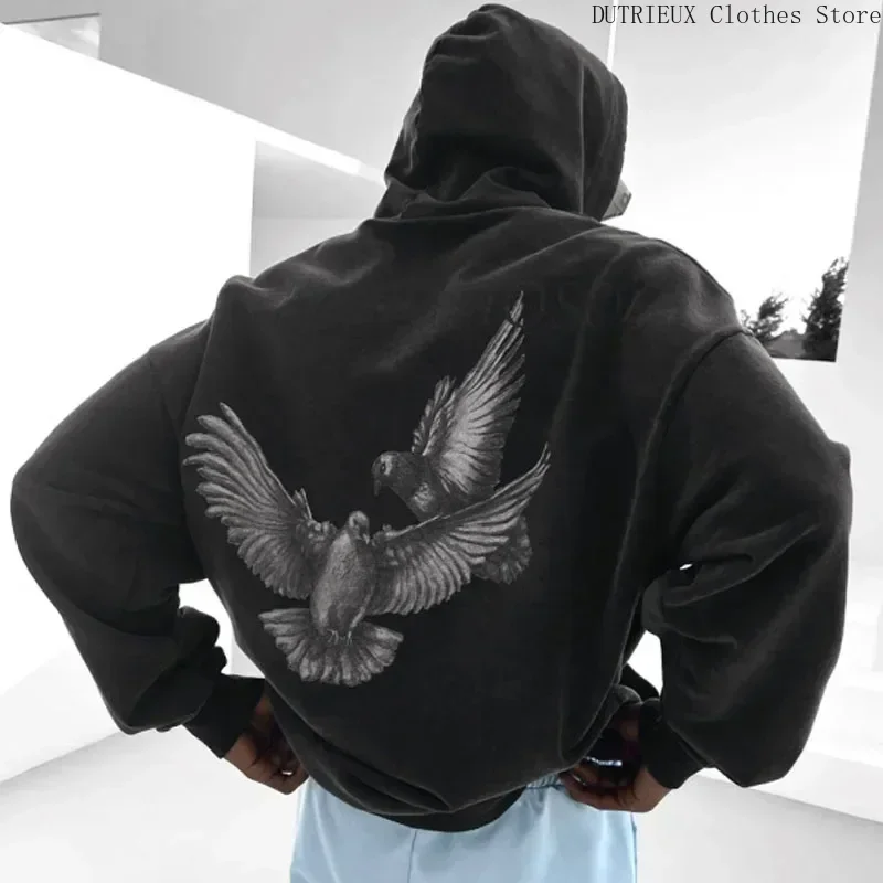 

Autumn Oversized Loose Black Men's Hoodie Fashion Eagle Print Large Size Hoodie Pure Cotton Soft Fitness Running Men Sweatshirt