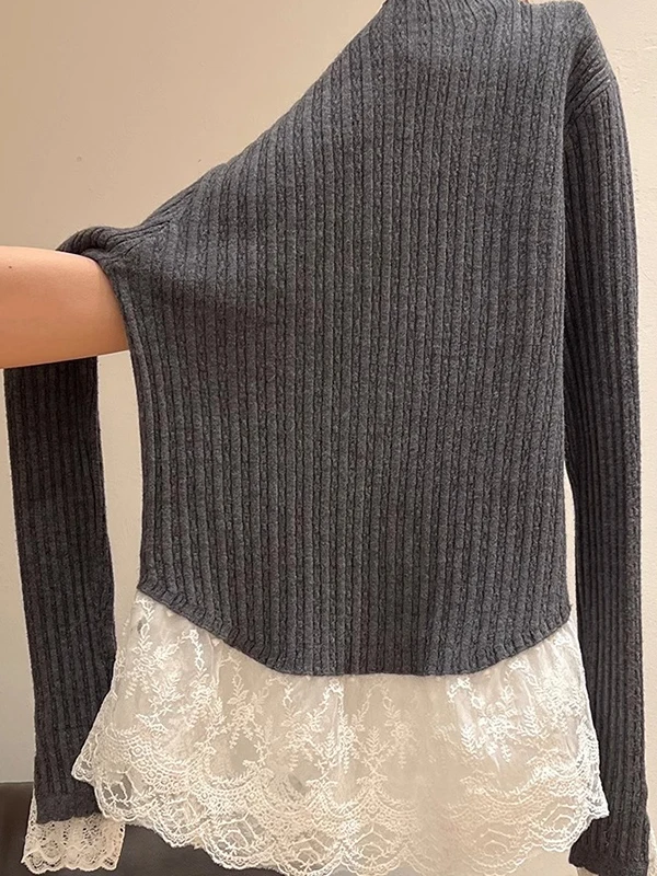 Damen-Strickoberteil mit Spitzenspleiß, hoher Kragen, schmale Passform, weiche, gemütliche Basisschicht, irt Inner Wear, French Sle Long Sve