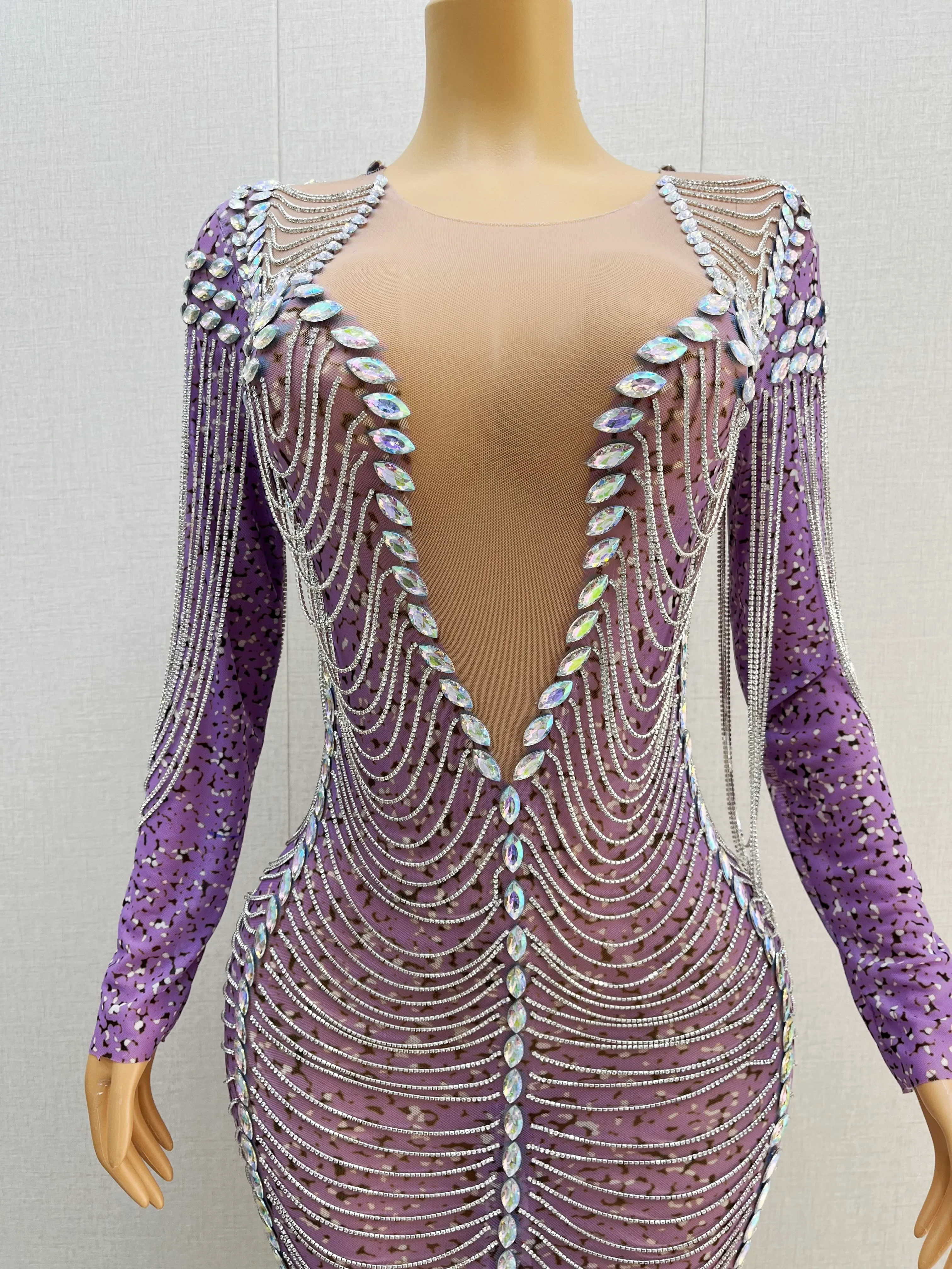 Sexy AB Rhinestones Crystals Chains Purple Dress Female Singer Performance Evening Nightclub Sexy Stretch Costume