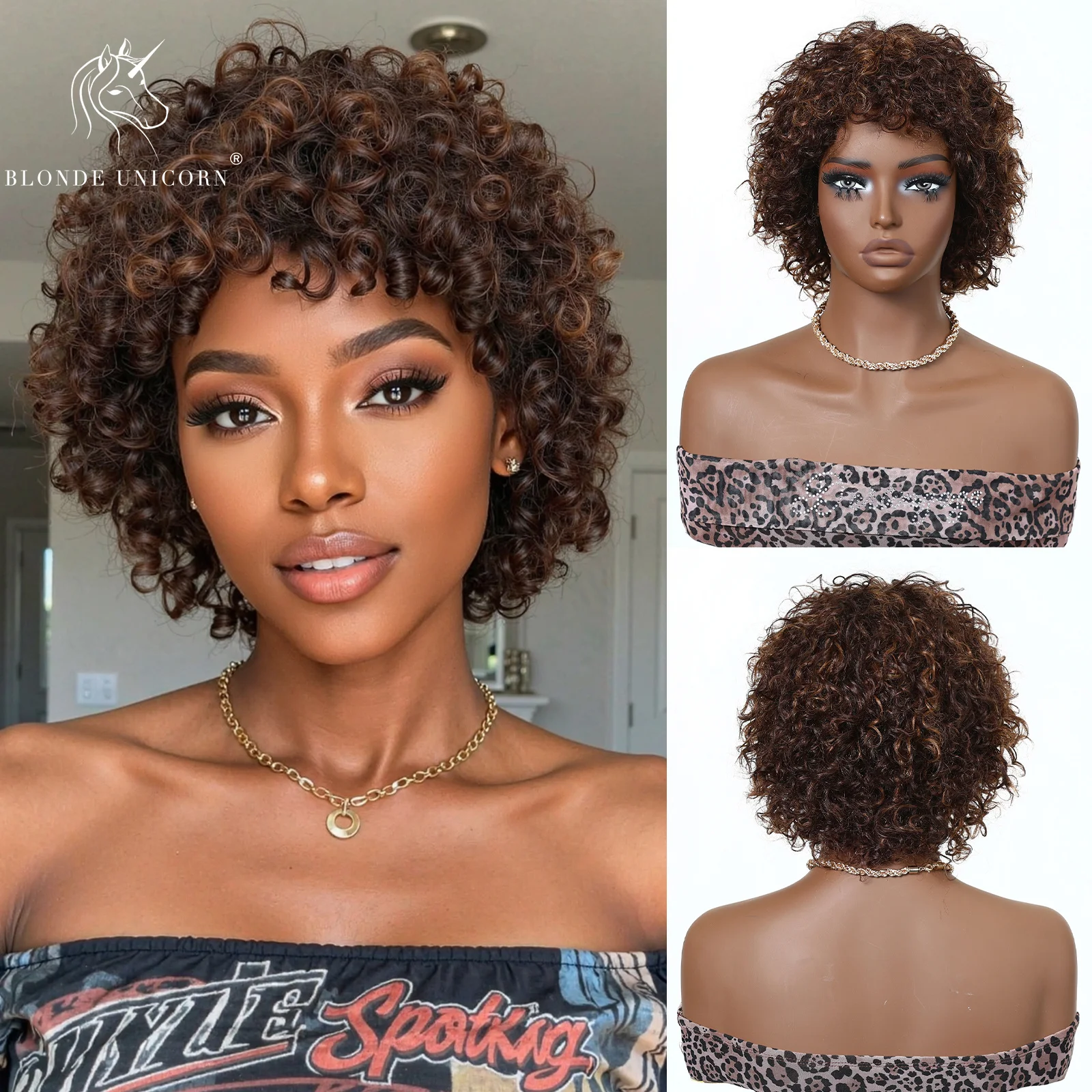 

Blonde Unicorn Human Hair Wigs Synthetic Wig Short Curly Wave Brown Layered Natural Hair Women Party Cosplay Daily