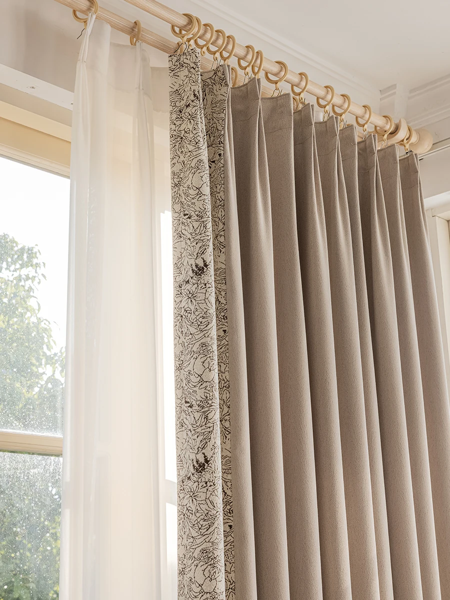 American Pattern Milk Tea Color Jacquard Thickened Chenille Patched Curtains for Living Room Bedroom French Window Customized