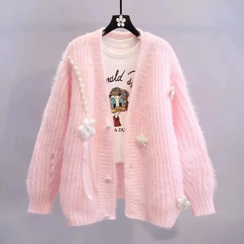 

Women's Nail Bead Design Sweater Jacket 2025 Spring And Autumn Women's New Loose And Lazy Style Western-style Knitted Cardigan