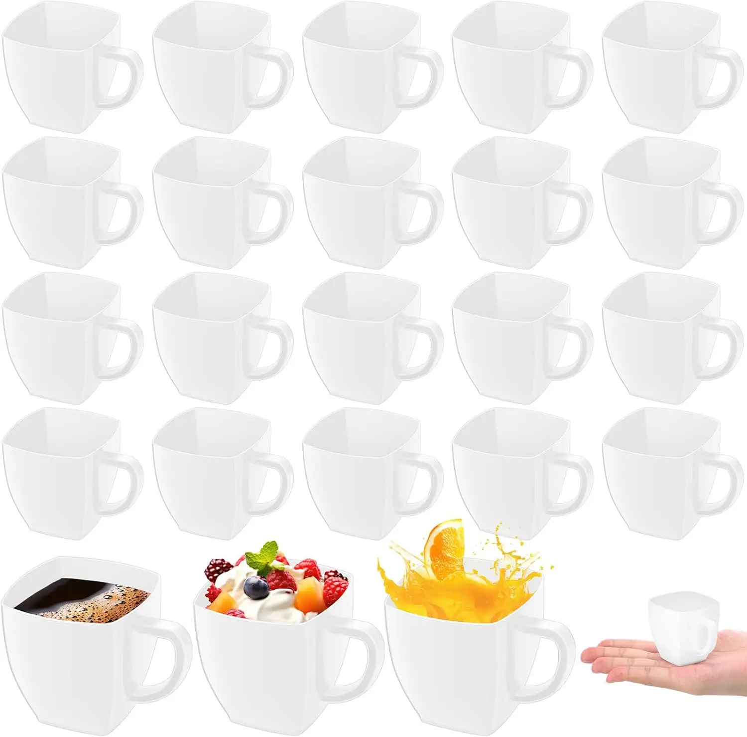 50 Pcs Disposable Tea Cups Mini Plastic Tea Cup Bulk with Handle Hard Plastic Coffee Mug Disposable Square Espresso Mug