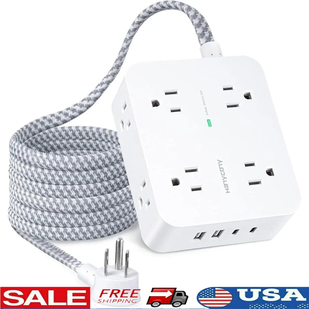 

20Ft Extension Cord Power Strip Surge Protector 8AC Outlets 4USB Ports Fast Charging 1080J Protection Wall Mount Desk