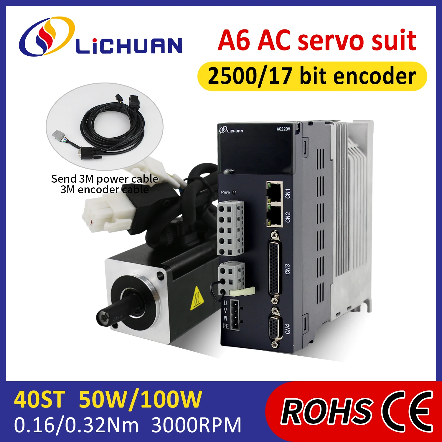 Lichuan A6 50/100W ServoMotor Controller Kit 220V 0.8/1.1A 3000rpm 0.16/0.32N.m AC Servo Motor Drivers Kit for Automated Machine