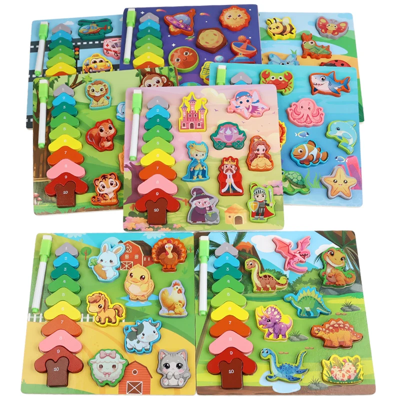 Wooden Toddler Shape&Animals Matching Puzzles Montessori Double-sided Drawing Board Toy, Educational Toys Gifts for Kids Age 3-5