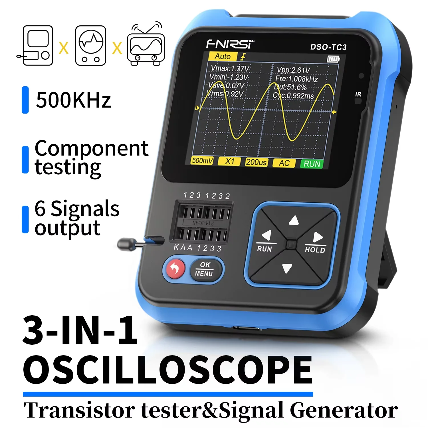 DSO-TC3 500kHz 10Ms/s 3in1 Multi-function Oscilloscope built-in Transistor Tester and Signal Generator LCR Tester Tools Automati