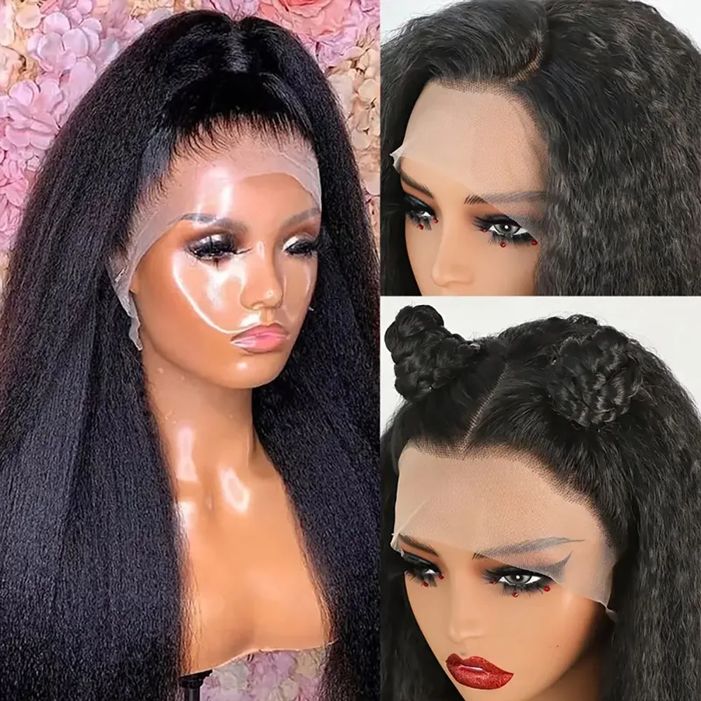 

13x4 Lace Front Wig Women's 30 Inch Kinky Straight Lace Front Wig Human Hair 1B# Natural Color Wigs For Women