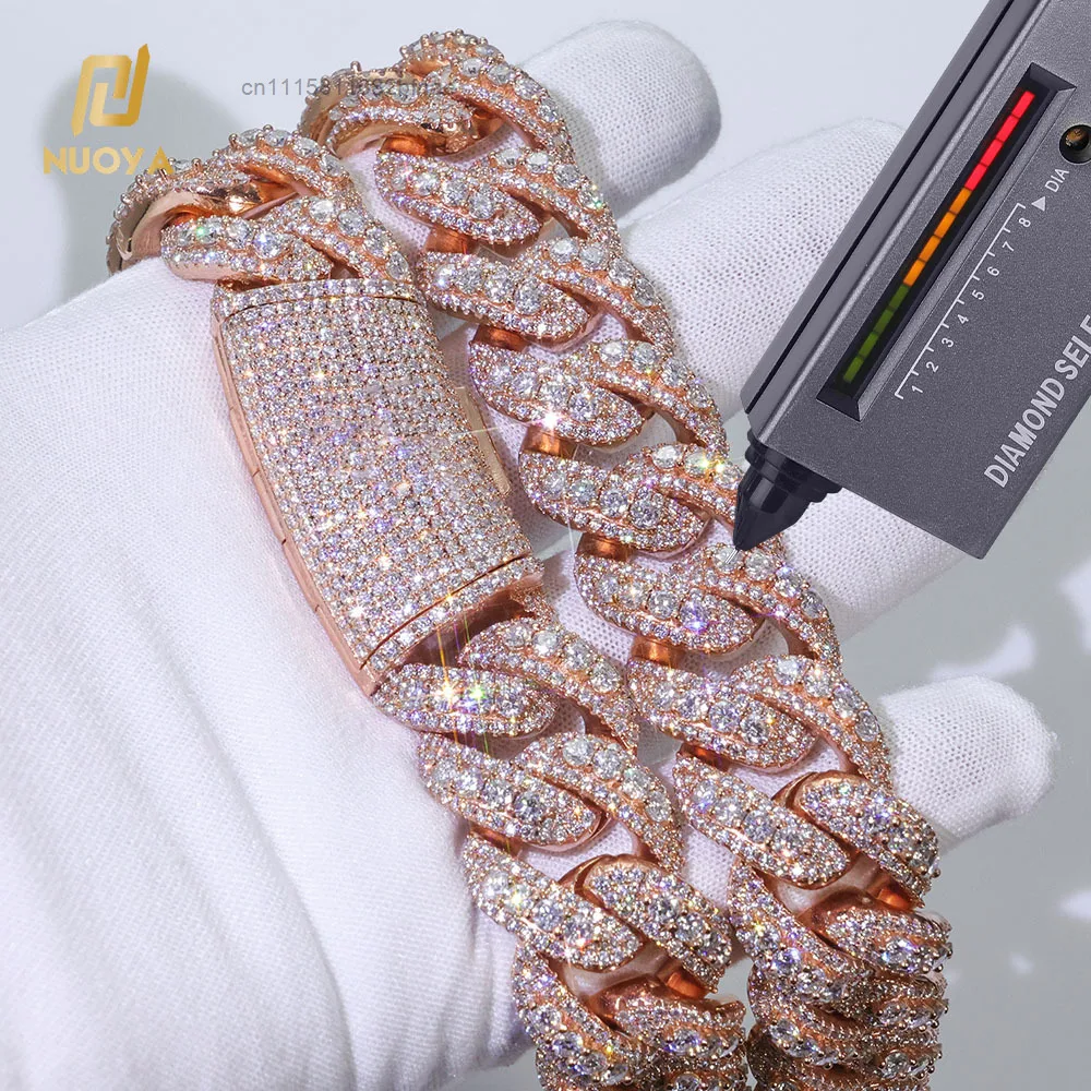 NUOYA Luxury 925 Silver Cuban Chain Necklace Women 22mm Three Row Iced Out VVS Moissanite Hip Hop Cuban Chain Jewelry Gift，