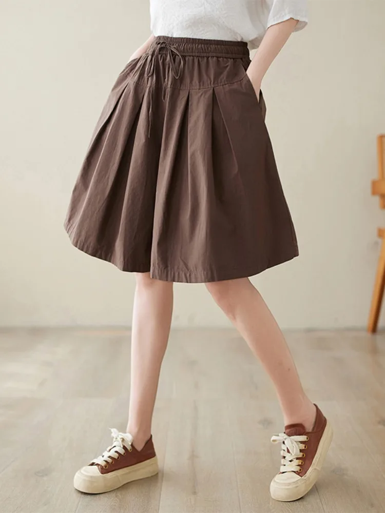 편안한 단색 플리츠 와이드 레그 팬츠 여성 여름 캐주얼 루즈핏 5부 길이 한국 스타일 출퇴근용