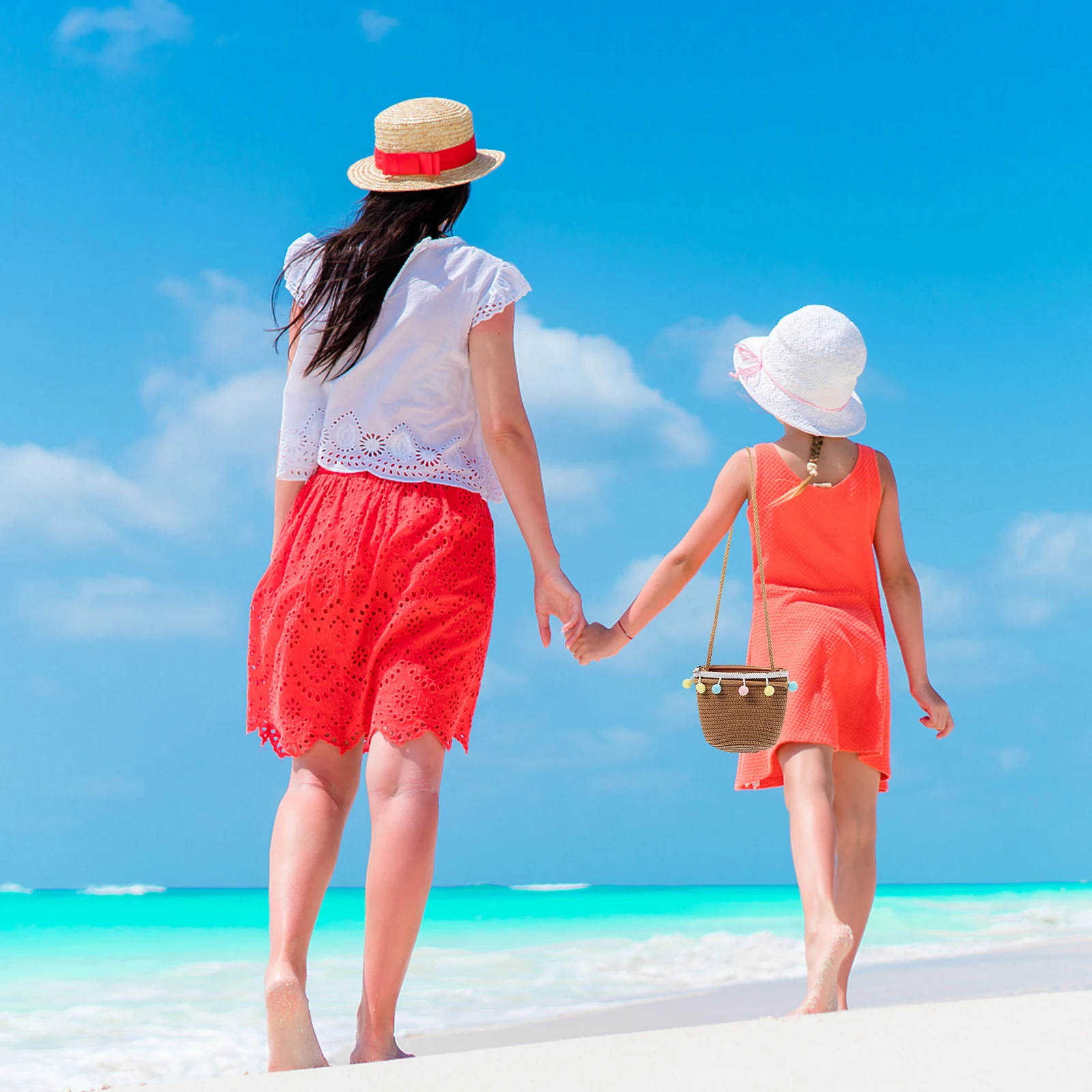 

Straw Beach Tote Bag Women Kids Woven Storage Small Color Ball Lovely Girl Summer Fashion Straw Practical Durable