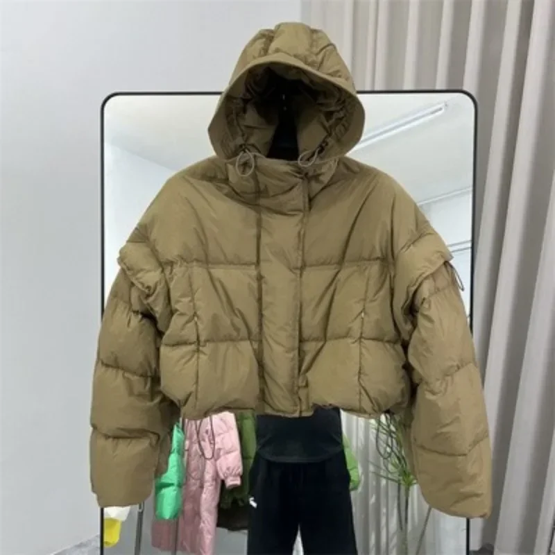 2024 Winter White Duck Down Coat Women Short Hooded Removable Sleeve Loose Fashion Puffer Jacket Thick Warm Windproof Outwear