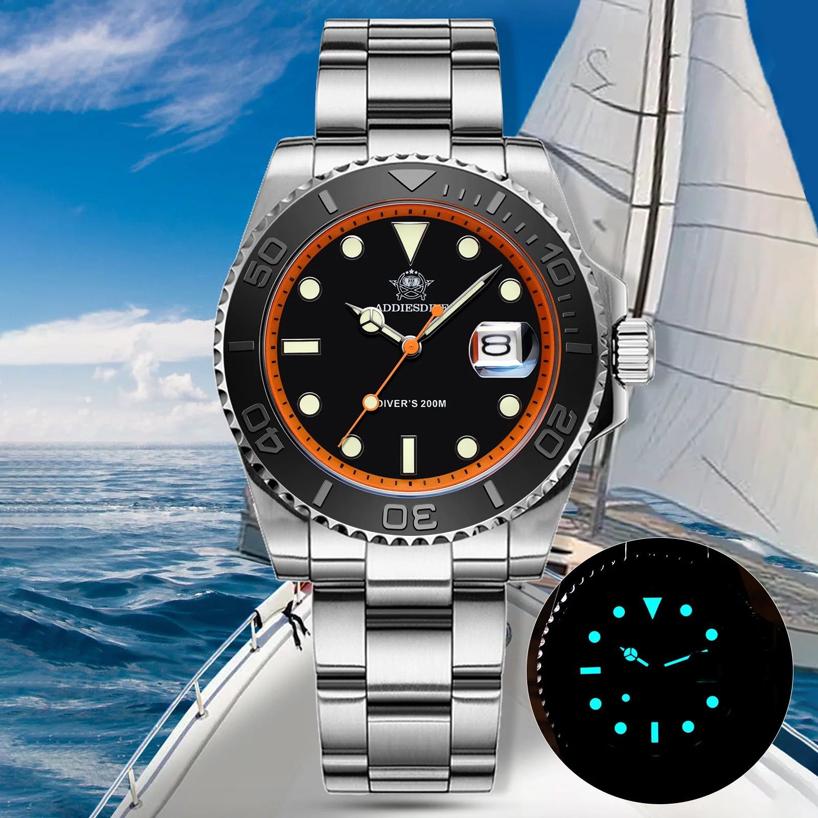 ADDIESDIVE Luminous Analog Watches Calendar Quartz Wristwatch 200m Water Resistance Stainless Steel Diving Business Mens Watch