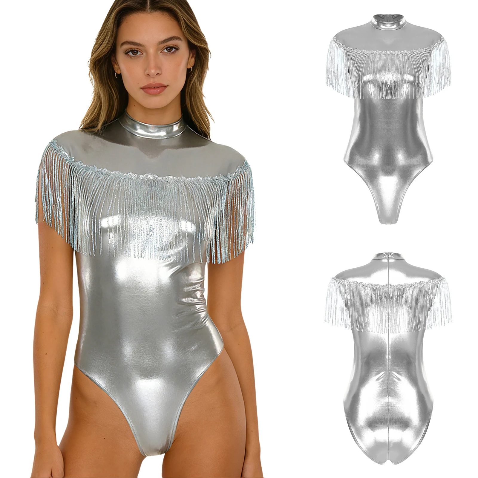 

Женский облегающий боди с высоким вырезом для джаза, вальса и танцев на пилоне, с пайетками и бахромой, без рукавов, для вечеринок, клубов и выступлений