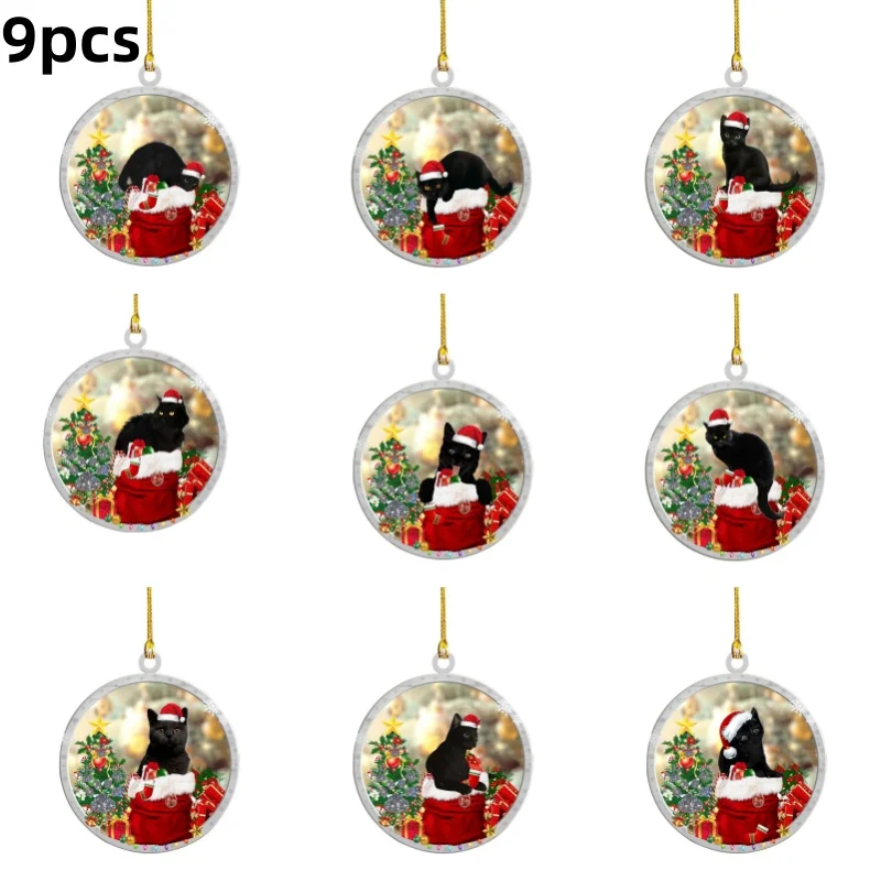 9pcs/Set Christmas Pendant Colorful Christmas Ornaments Vibrant Black Cat Christmas Ornaments Festive Decorations Gifts 8x8cm