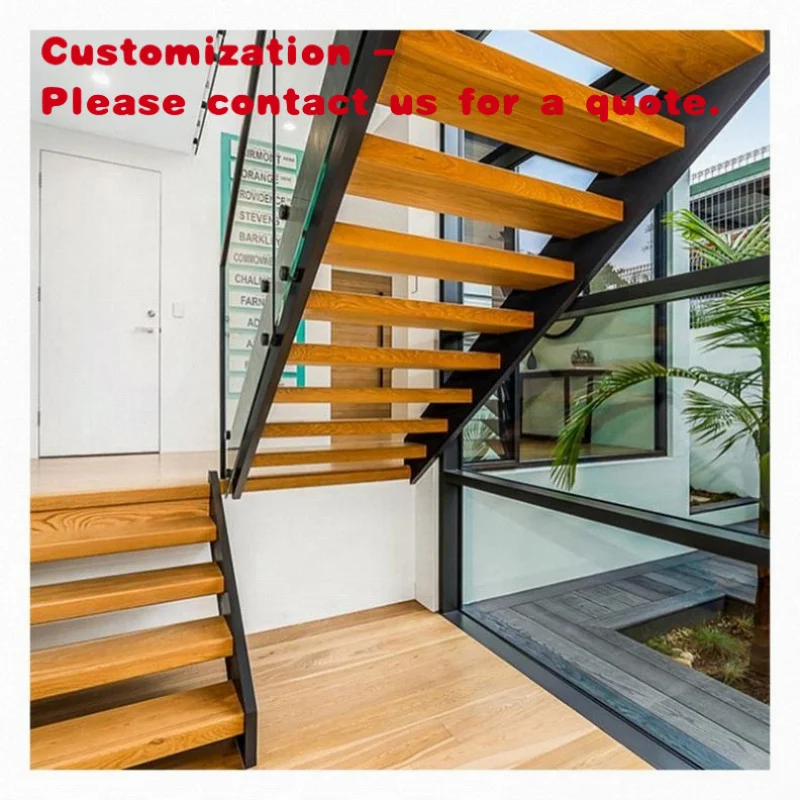 custom.Alucasa Modern Design Interior Straight Wooden Floating Stair Tread Steps Tempered Glass Staircase