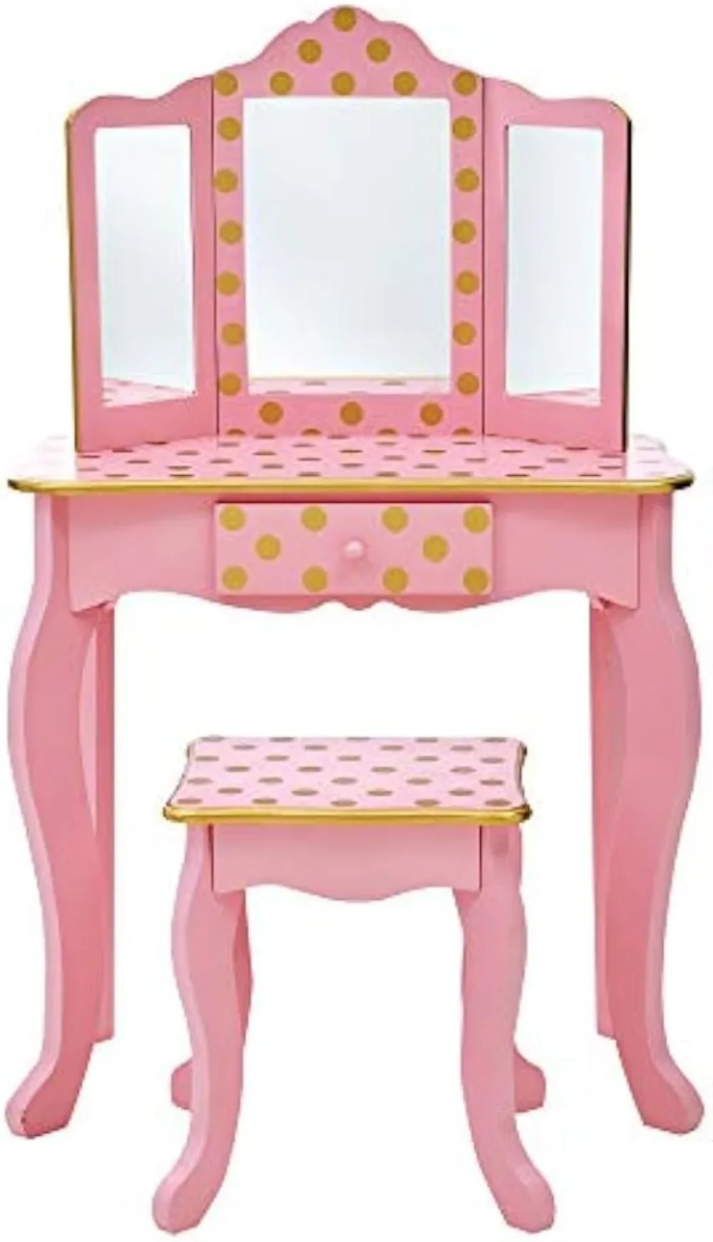 Kids Pretend Play Kids Vanity, Table & Chair Vanity Set with Mirror, Girls Makeup Dressing Table with Storage Drawer & Polka Dot