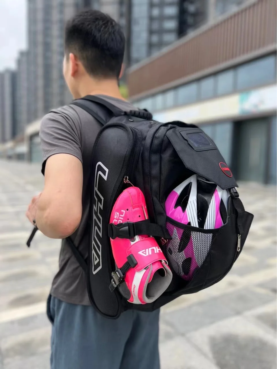 

LHUA-Professional Speed Skating Backpack with Thickened Inline Skates Shoes, Portable Protective Set, Storage Bag