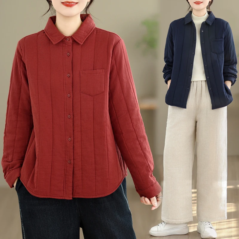 

Зимняя утепленная хлопковая рубашка, мягкая, двухслойная, удобная, в художественном стиле, с коротким рукавом, на пуговицах, однотонная, удобная для повседневной носки.