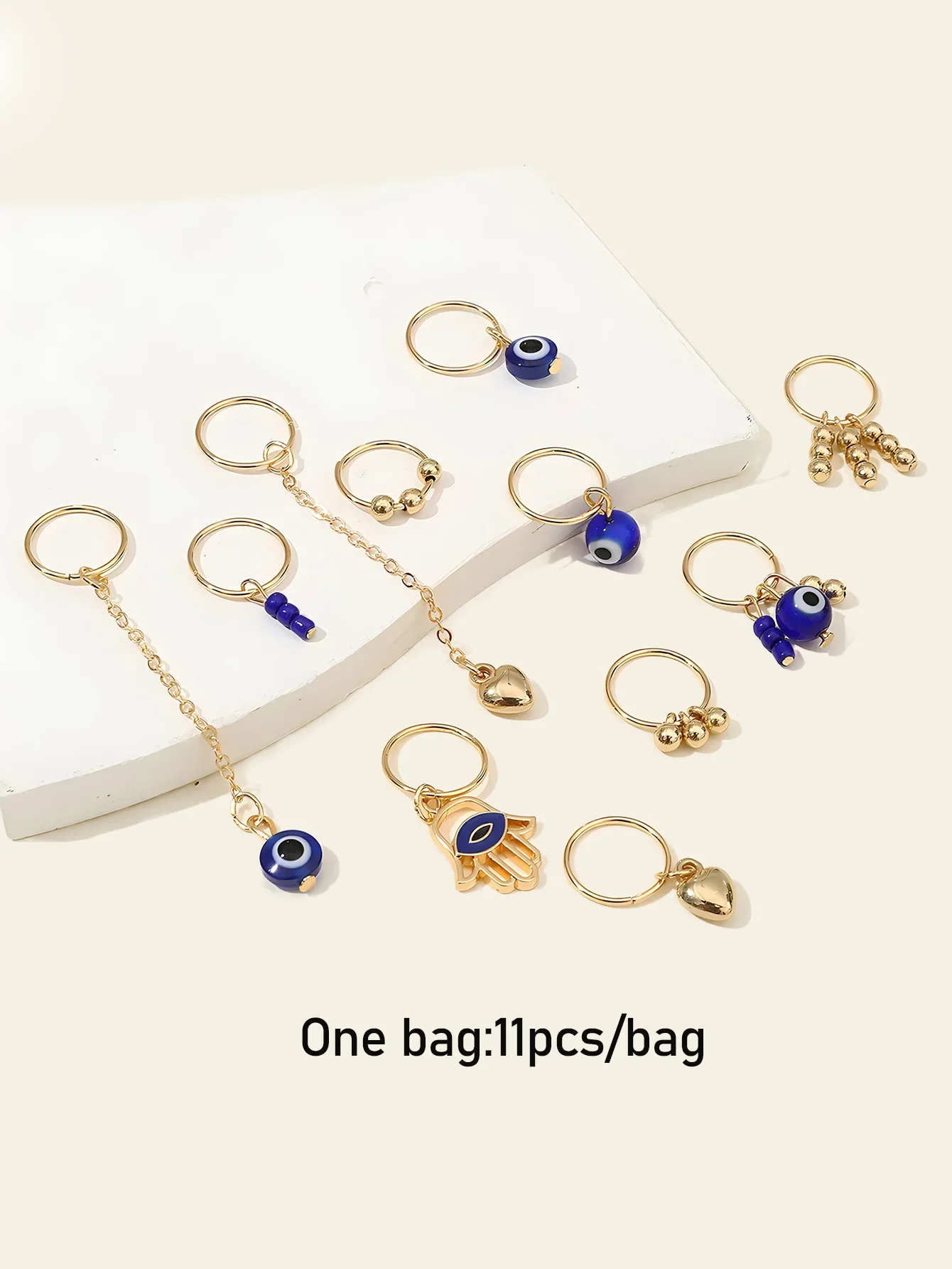 11pcs Dark Blue Color Eyes Crystal  Hair Rings Pearl Hair Charms Gold Metal Dreadlock Beads Hair Accessories