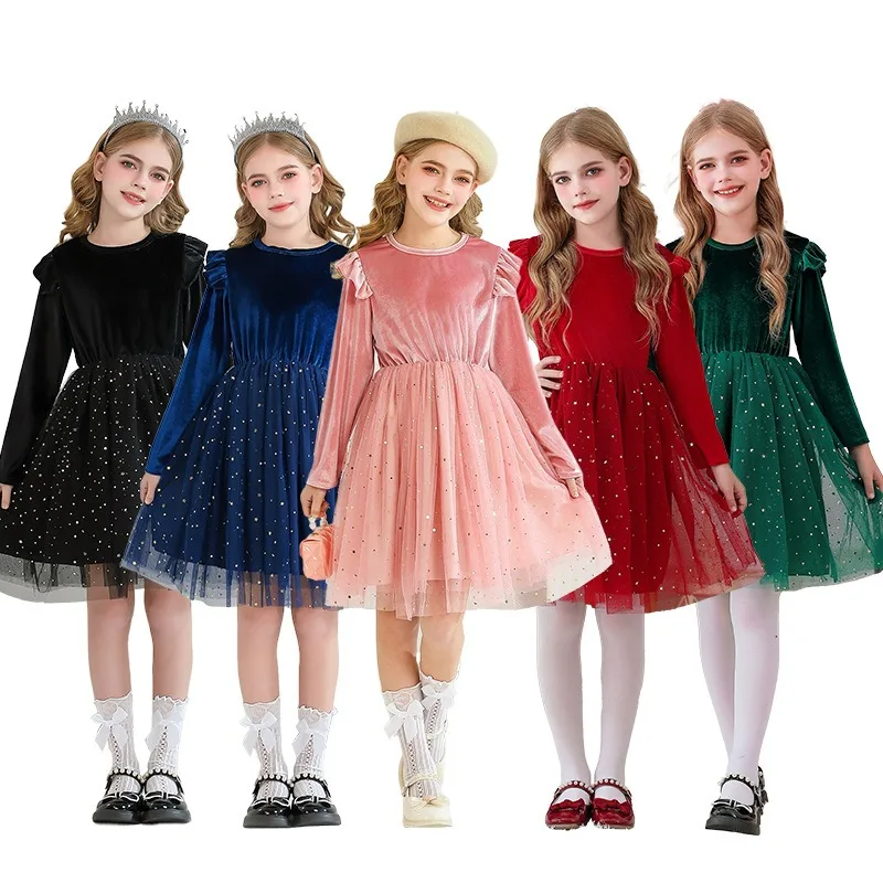 

Vintage Ruffle Long Sleeve Dress Princess Christmas Party Performance Costume Children Winter Costume Star Mesh Skirt