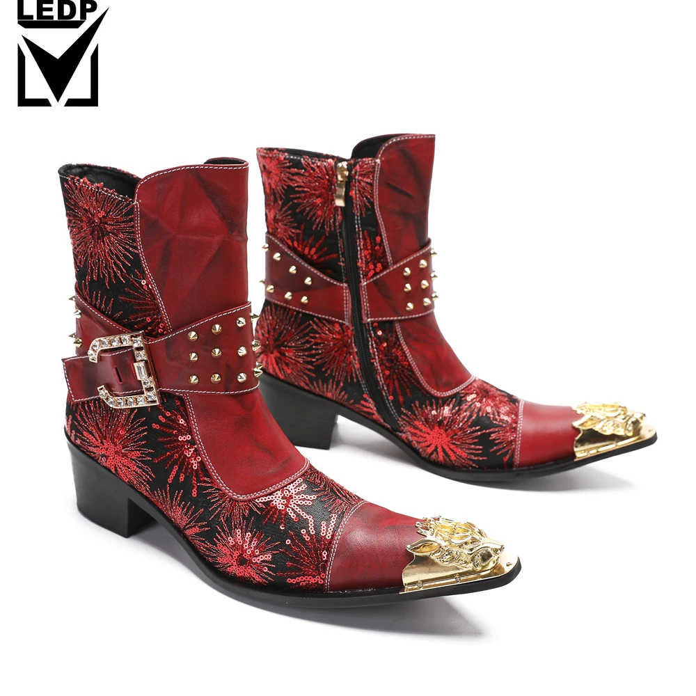 أحذية الخريف الرجالية سبايك الأحذية المعدنية والقبعات عالية الكعب حزام مشبك برشام الأحمر الفاخر زيادة نموذج #2