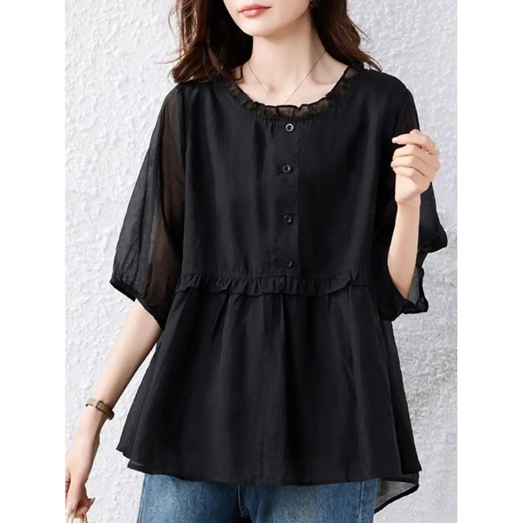 

Large Sized Women's Clothing Splicing Ruffle Edge O-Neck Short Sleeves Shirt for Women Summer Casual Loose Slimming Pullover Top